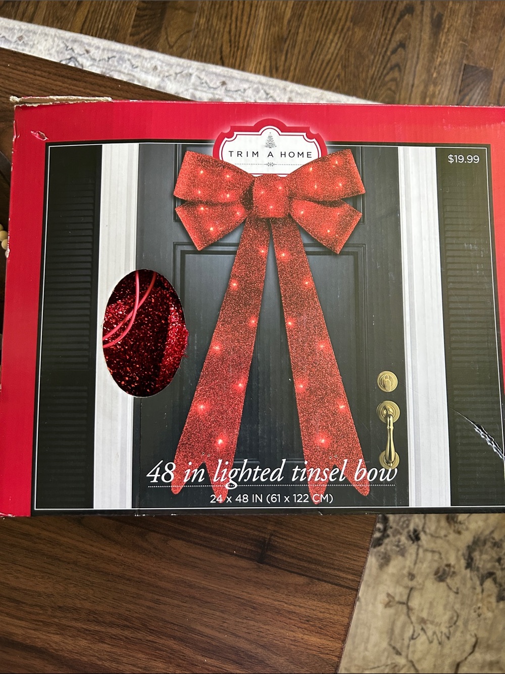 Red Lighted Tinsel Bow - 48in